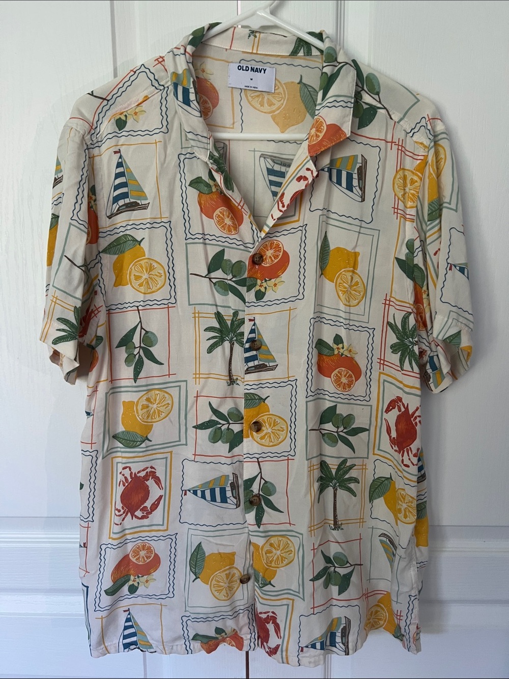Old Navy Cream Short-Sleeve Button-Up Shirt with Yellow & Green Tropical Motifs
